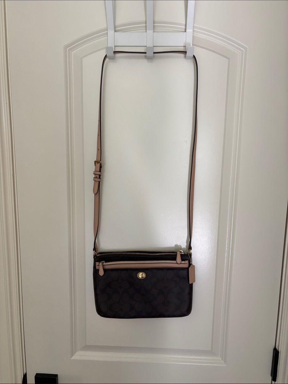 Coach Brown Signature Crossbody with Light Pink Trim